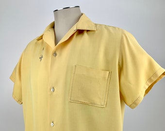 1950's Rayon Gabardine - Embroidered Fleur De Lis - Golden Yellow Fabric - Patch pocket - Loop Collar  - Men's Size LARGE