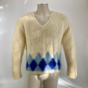 1950's-60's MOHAIR V Neck Sweater BRENT Label Two Tone Blue Argyle Diamonds Made in ITALY Men's Size Large image 3