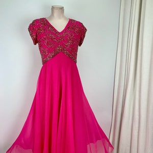 1960&#39;S Goddess Dress - Hot Pink Silk Chiffon -Iridescent Seqiuns & Beadwork - Helen Bass for HAROLD - Medium
