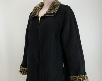 1990's Reversible Faux Leopard Coat - Plush Faux Fur - Reverses to Black Faux Suede - Patch & Zip Pockets -  Women's Size Large