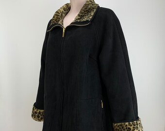 Veste En Cuir Noir Marvin Richards Taille M - Doublure Léopard - Occasion Très Bon état