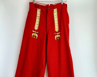 1940's Masonic Shriners Trousers - Red Wool Gabardine - Embroidery Details - Button Fly - Slash & Concealed Watch Pocket - 32 Inch Waist