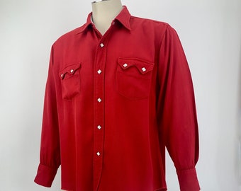 1940'S Western Shirt - Red Rayon Gabardine - Square Metal Snaps with Marble Stones - Men's Size Medium
