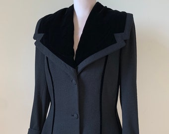 1940'S-50's LILLI ANN Jacket - Wide Velvet Collar - Fitted Bodice - Black Wool with Velvet Details - Satin Lined -  - Womens Medium