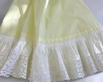 1950'S Petticoat Crinoline -  2 layers - Pale Yellow Cotton - Gathered White Cotton Eyelet Trim Detail - Women's Size Medium