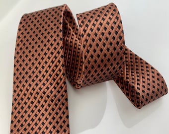 1950's-60's Quality Silk Tie - Interesting Check Pattern - Copper and Black - ARROW Label - Made in the USA