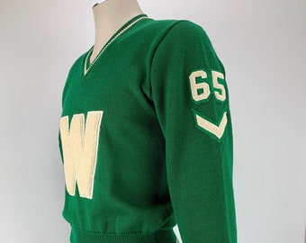 1965 Varsity Lettermans Sweater - Embroidered W Patch - V-Neck Pullover - All Worsted Wool - Men's Size Medium