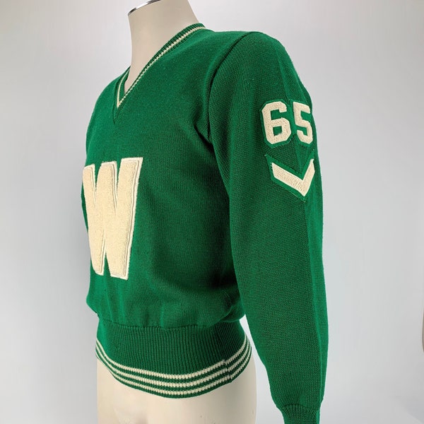 1965 Varsity Lettermans Sweater - Embroidered W Patch - V-Neck Pullover - All Worsted Wool - Men's Size Medium