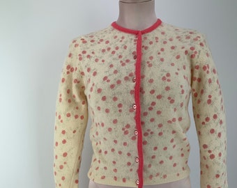 Early 1960'S Cardigan Sweater - BEST & CO. Fifth Avenue - Screen Printed - with Pink on Cream Knit - Size Small