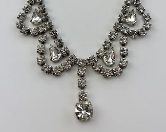 1950's Rhinestone Necklace - Classic Design - Clear Crystal Stones - All Prong Set - 14-1/2 Inch Choker Length