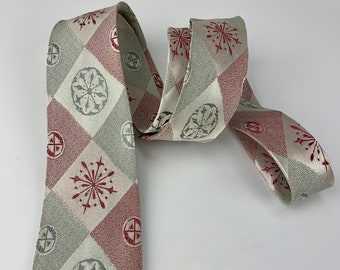 Early 1960's Tie - Geometric Diamond Pattern - Pink & Silver Rayon Fabric - Slim Square-End Tie