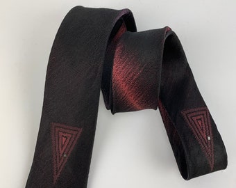 Early 1960'S Tonal Striped Tie - Ombré Maroon to Black -  With a Triangle Crest - Narrow Width - All SILK