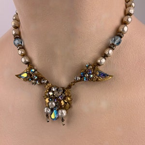 1940&#39;s-50&#39;s Necklace with Aurora Borealis Faceted Crystals, Faux Pearls and Rhinestones - 16 Inch Length