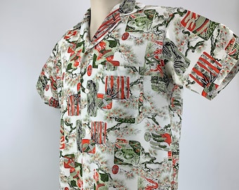 Vintage 60s Rayon Shadow Plaid Loop Collar Shirt Hombre Rockabilly