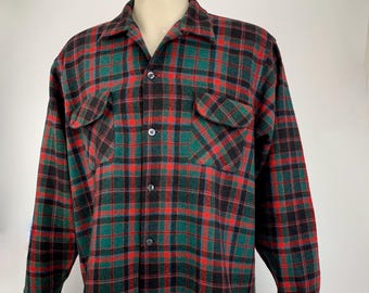 1960's Wool Plaid - Norman Scott Ltd - Made in British Crown Colony of Hong Kong - Flap Patch Pockets - Loop Collar - Size X LARGE