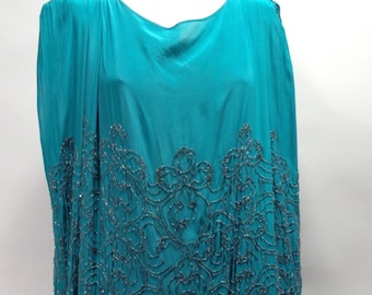 1920's BEADED SHEATH DRESS - Aqua Silk - Hand Beaded Glass on Front & Back - Authentic Vintage - Women's Size Medium