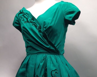 1950's Taffeta Formal - EMMA DOMB Label - Emerald Green with Sequins - Fitted Bodice - Size Small - 24-1/2 Waist
