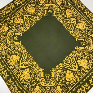 Vintage Scarf - Quality Silk Crepe - Hand Rolled Hem - Sunflower Yellow Pattern with Putty Green Background - Large - 42 x 40-1/2 Inches