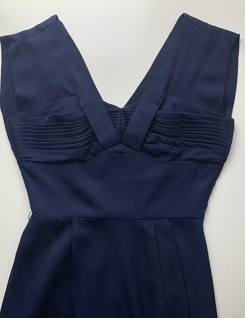 1950's Wiggle Dress Empire Waist Navy Rayon Fabric Interesting Deep V Neckline Size Medium image 9
