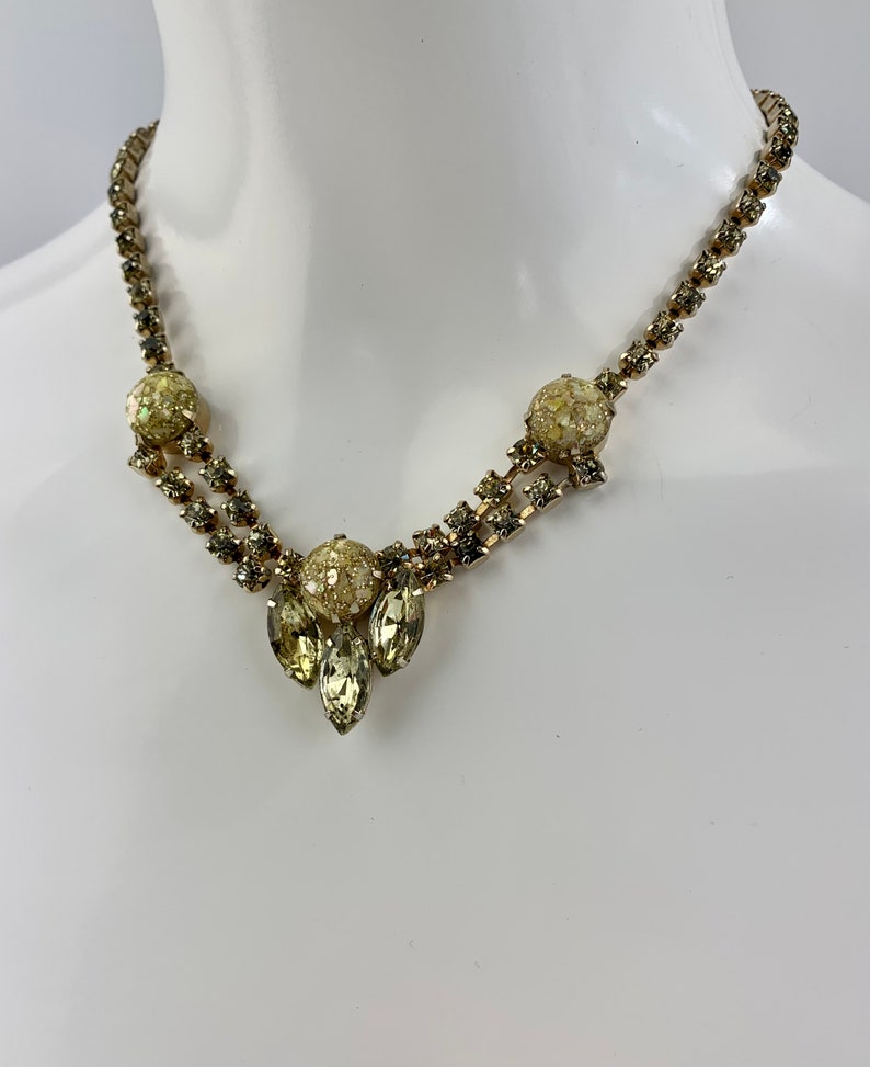 1950's Crystal Necklace in Golden Colors 3 Marquise shaped Baguettes in Citrine All Prong Set Crystals 15 Inch Choker Length image 6