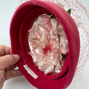 1960'S Pill Box Hat Pink Velvet with White Delicate Silk Flowers Lovely Details Netted Veil image 10