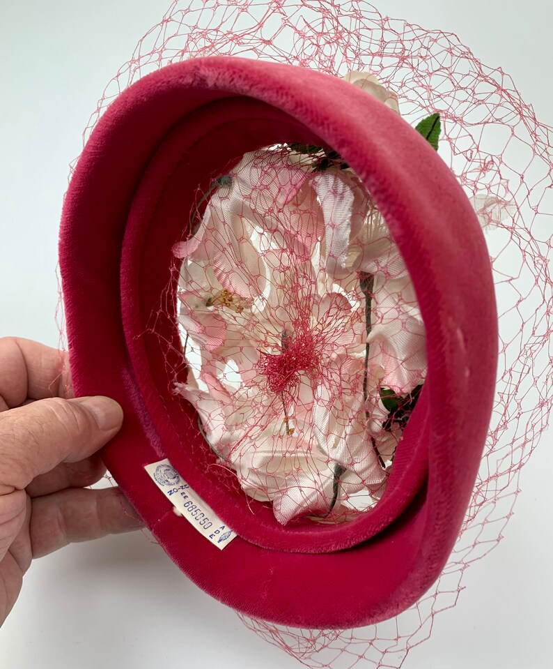 1960'S Pill Box Hat Pink Velvet with White Delicate Silk Flowers Lovely Details Netted Veil image 10