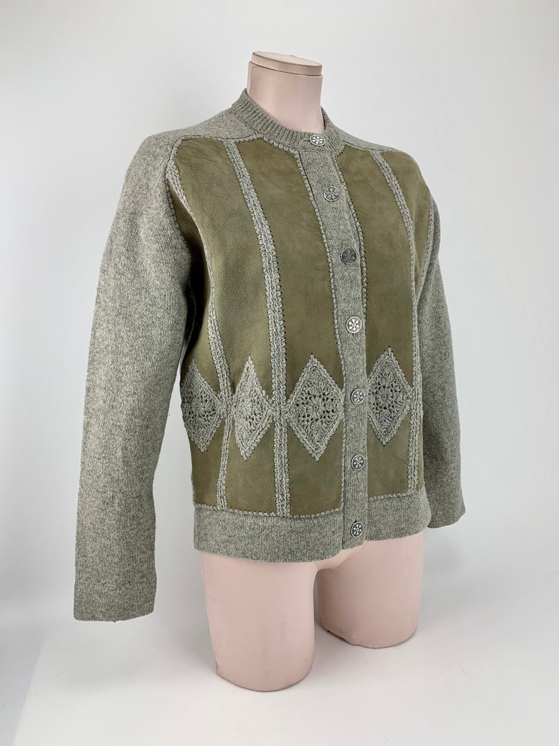 1960's Cardigan Sweater Natural Suede & Wool Crochet Details Snowflake Metal Buttons Women's Size 40 Medium image 1