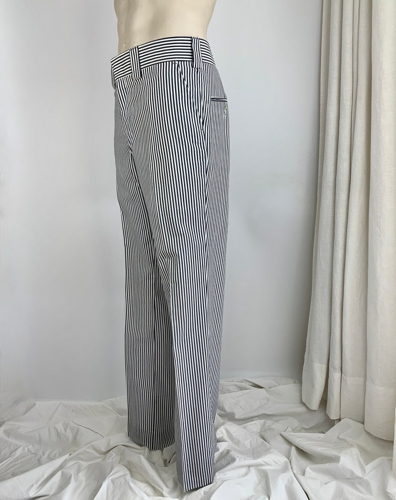 1970'S Striped Seersucker Trousers Gray & White Wide Waistband and Wide Belt Loops 36 Inch Waist DeadStock image 4