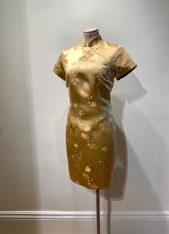 Vintage Cheongsam Dress Jacquard Asian Print HUGO BUSCATI Rayon/Silk  Blend Satin lined Back Zipper Size Medium