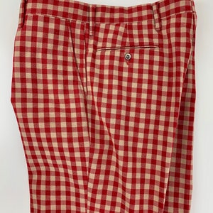 1970'S Plaid Slacks Wild Mod Styling Wide Stovepipe Legs Red & Biege Plaid Check Wide Cuffs 35 Inch Waist image 6