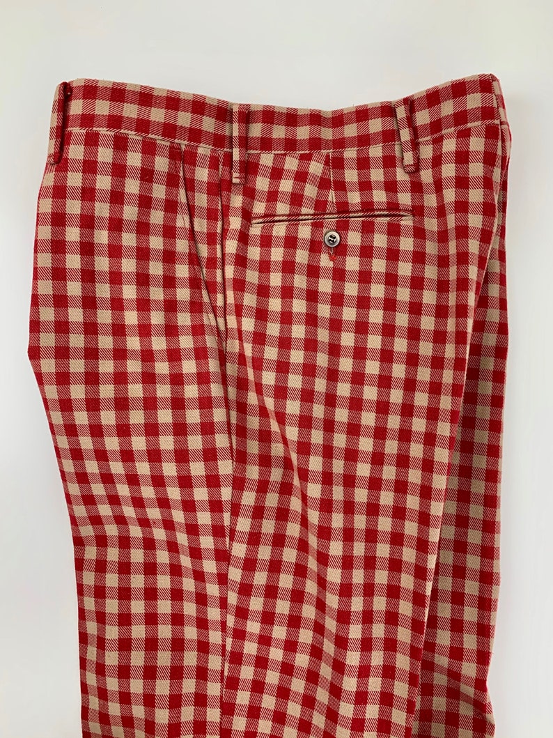 1970'S Plaid Slacks Wild Mod Styling Wide Stovepipe Legs Red & Biege Plaid Check Wide Cuffs 35 Inch Waist image 6