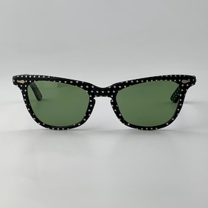 Vintage 1950&#39;S Sunglasses - Black Frames with Small Square Polka Dots - New UV Glass Lenses - Optical Quality - Smaller Frame Size