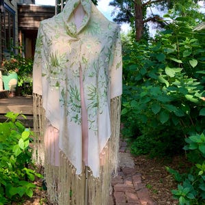 1920's~30's PIANO SHAWL - All Silk - Light Green Embroidery on a Champagne Colored Silk - 50 Inch Square Plus Fringe