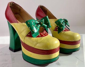 1970s Color-Block Platform Shoes - Hand Made in Greece - 4~3/4 Inch Heels - Women's 5-1/2 to 6