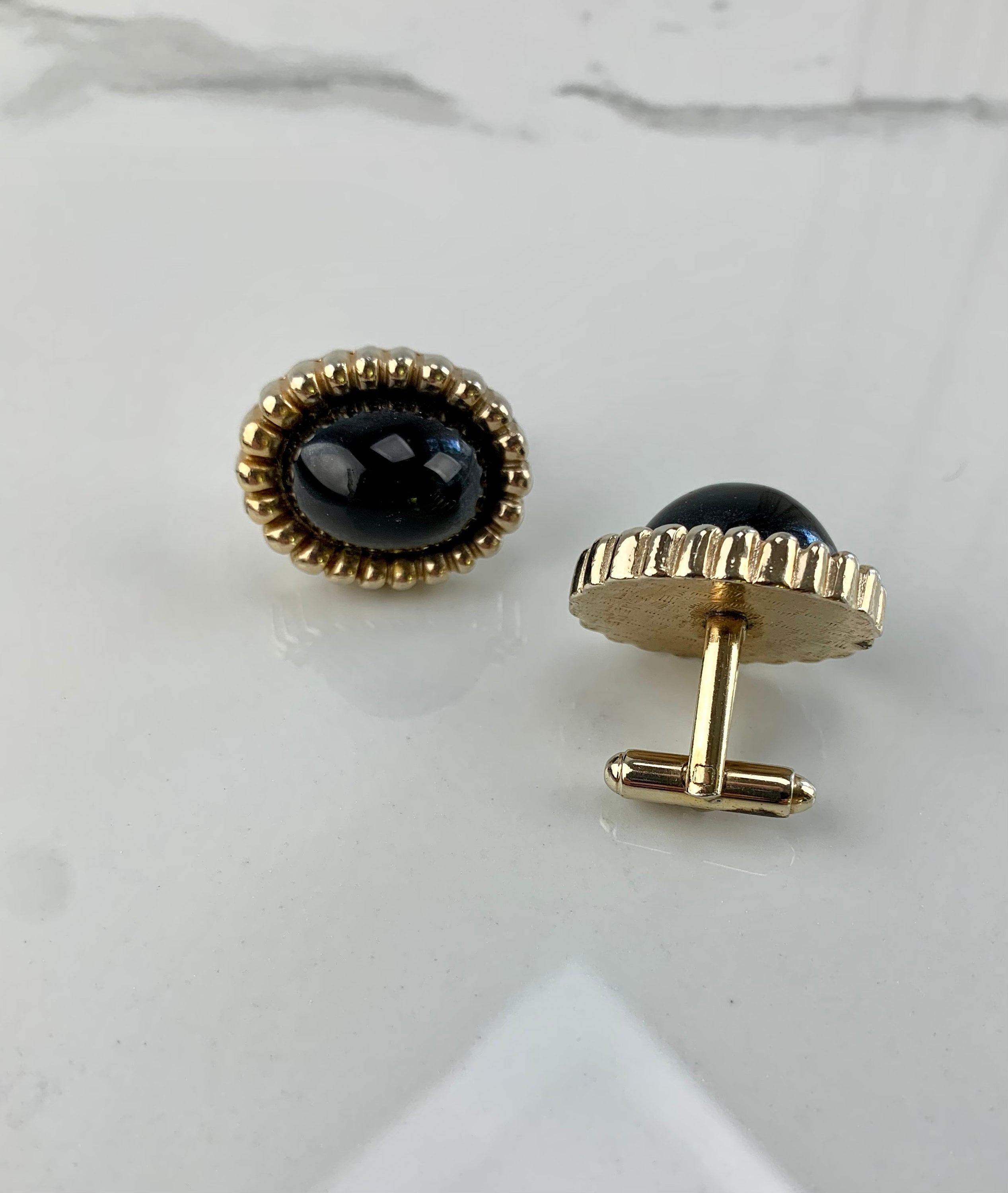 1960'S Cuff Link Set - Oval Black Glass Stones Set in a Decorative ...