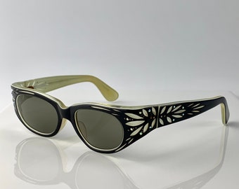 1950'S Sunglasses - Carved Details with Rhinestones - Black over Clear Plastic Frames - Made in FRANCE - New UV Lenses - Optical Quality