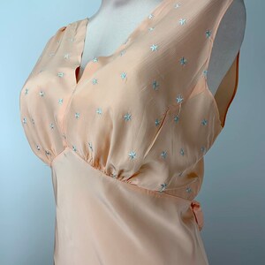 1940's Bias-Cut Negligee in Peach Small Embroidered Blue Star Details RAYON Fabric Size MEDIUM 30 Inch Waist image 6