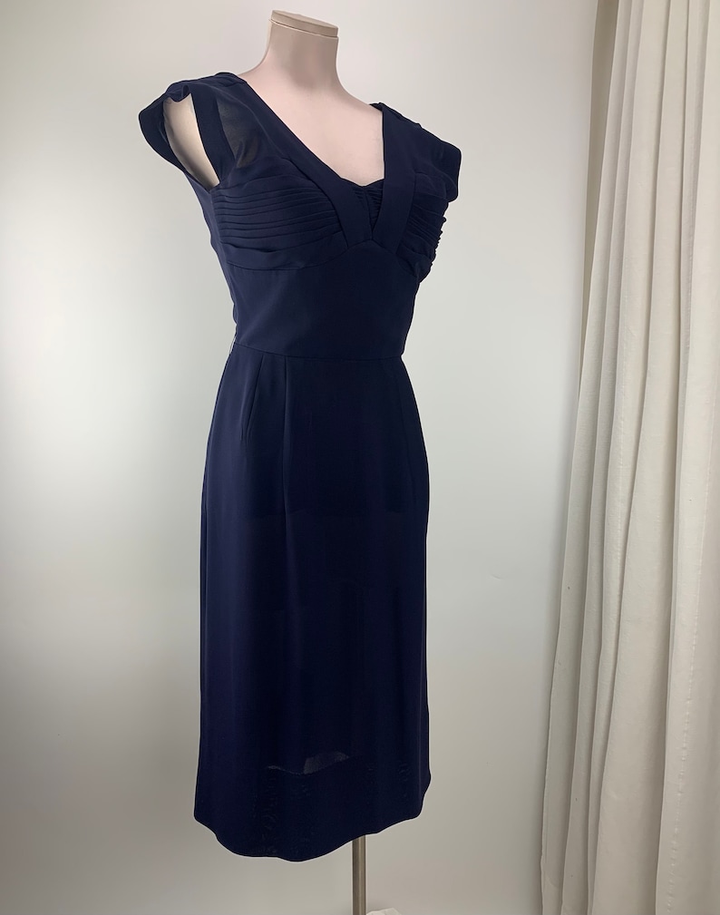 1950's Wiggle Dress Empire Waist Navy Rayon Fabric Interesting Deep V Neckline Size Medium image 2