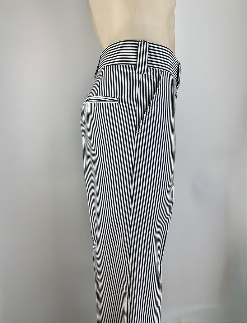 1970'S Striped Seersucker Trousers Gray & White Wide Waistband and Wide Belt Loops 36 Inch Waist DeadStock image 2