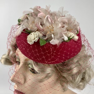 1960'S Pill Box Hat Pink Velvet with White Delicate Silk Flowers Lovely Details Netted Veil image 4