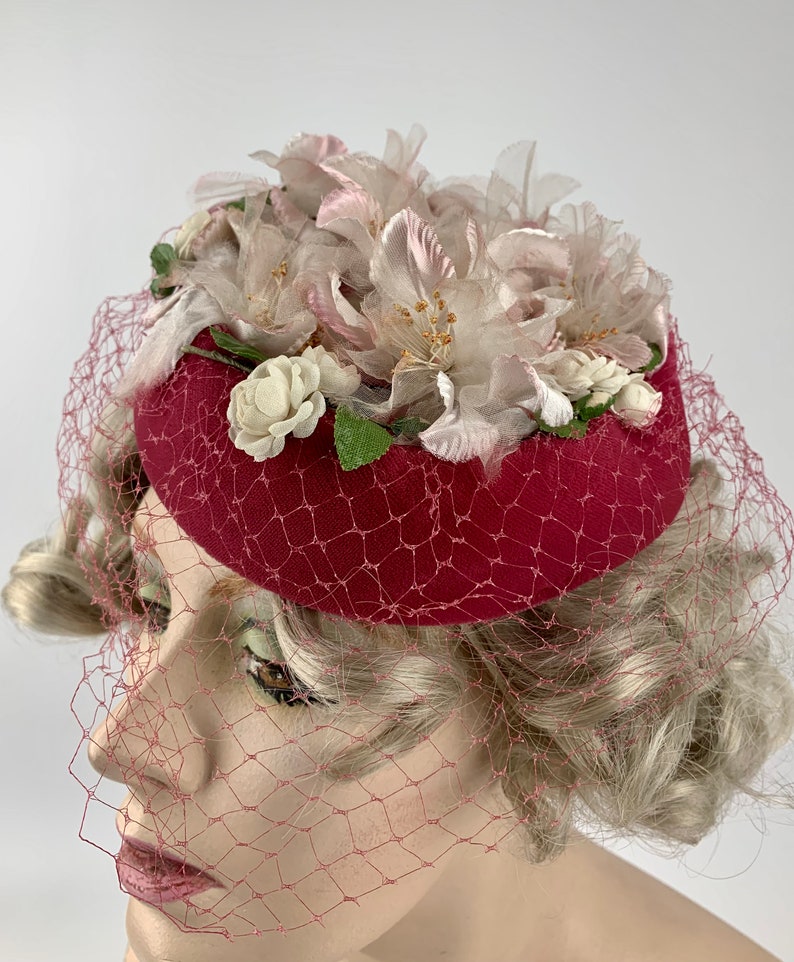 1960'S Pill Box Hat Pink Velvet with White Delicate Silk Flowers Lovely Details Netted Veil image 4