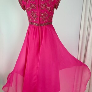 1960'S Goddess Dress Hot Pink Silk Chiffon Iridescent Seqiuns & Beadwork Helen Bass for HAROLD Medium 画像 8