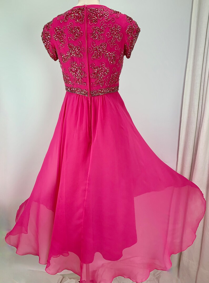 1960'S Goddess Dress Hot Pink Silk Chiffon Iridescent Seqiuns & Beadwork Helen Bass for HAROLD Medium 画像 8