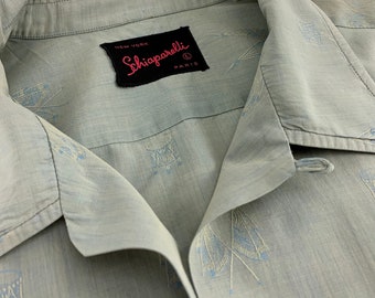 Vintage 1950's Schiaparelli Shirt - Iridescent Cotton Damask - Signature S Buttons - Loop Collar - Mens Size Large