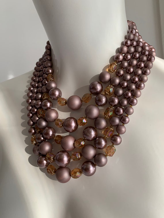 Vintage 1950'S Pearl Necklace - 5 Strands of Mauv… - image 1