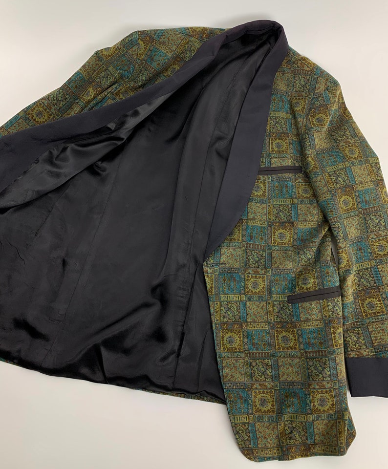 1960'S TUXEDO JACKET Printed Cotton Corduroy Black Shawl Collar Satin Lined Tailored by Rabhor Men's Size Large image 9