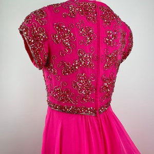 1960'S Goddess Dress Hot Pink Silk Chiffon Iridescent Seqiuns & Beadwork Helen Bass for HAROLD Medium 画像 6