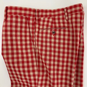 1970'S Plaid Slacks Wild Mod Styling Wide Stovepipe Legs Red & Biege Plaid Check Wide Cuffs 35 Inch Waist image 7