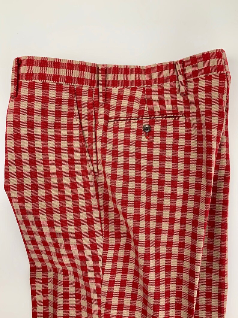 1970'S Plaid Slacks Wild Mod Styling Wide Stovepipe Legs Red & Biege Plaid Check Wide Cuffs 35 Inch Waist image 7