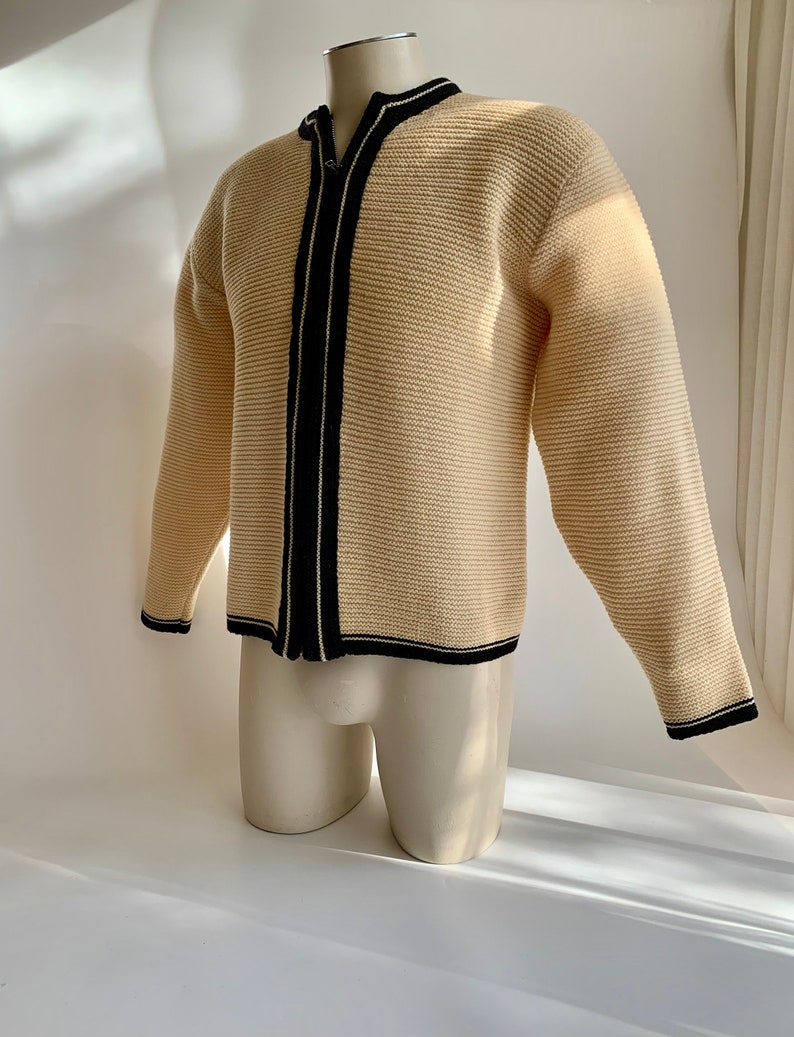 1950'S-60'S MOD Zip Cardigan BRENTWOOD SPORTSWEAR Heavy Territory Wool Butter Cream Body with Black Details Men's Medium to Large image 5